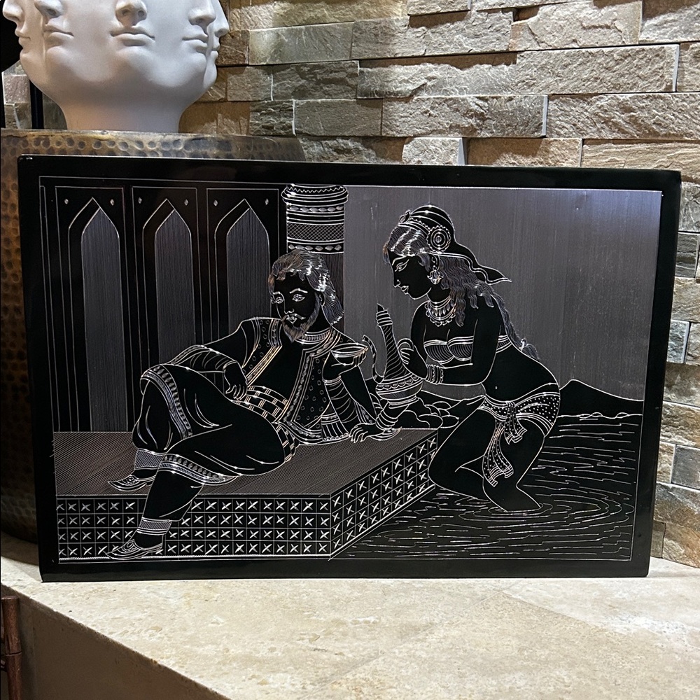 vintage Hindu Tarkashi Radha Krishna steel wire inlay art etching